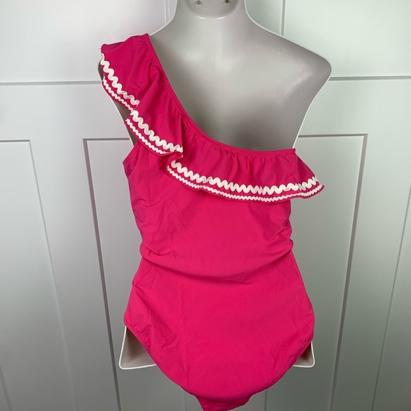 NWT J. Crew 12 Textured One Shoulder Ruffle One Piece Swimsuit Pink Preppy - Picture 4 of 6